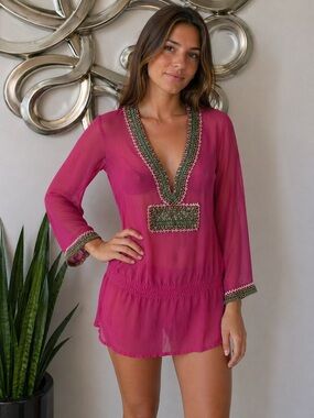 Taj by Sabrina Crippa Pink Beaded Sheer Tunic | Small